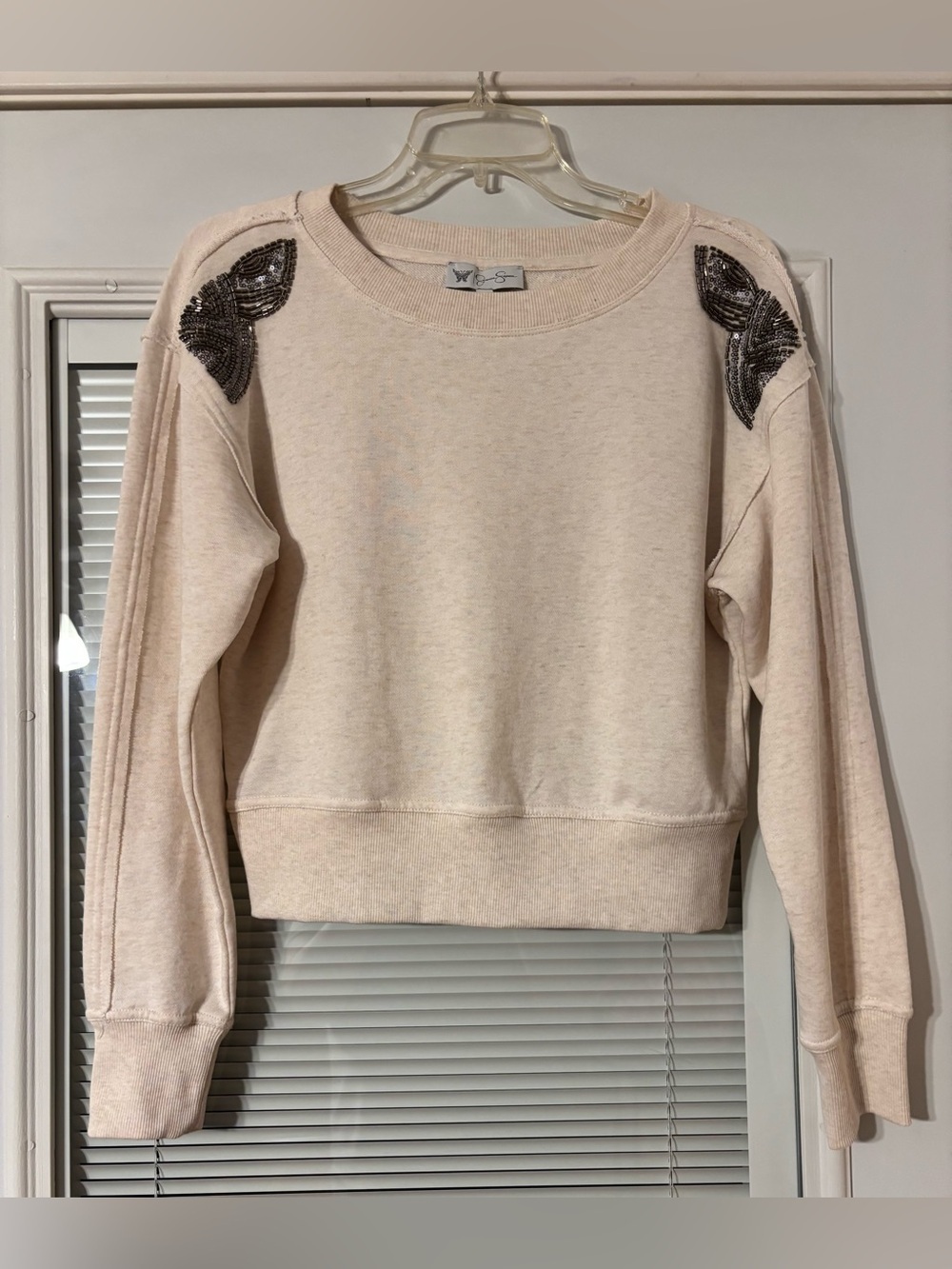 Jessica Simpson Cream Sweatshirt with Sequin Shoulder Detail